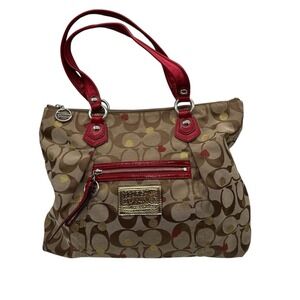 Coach‎ Poppy Secret Admirer Tote Bag  16289M Khaki Brown Red Hearts Gold Dots